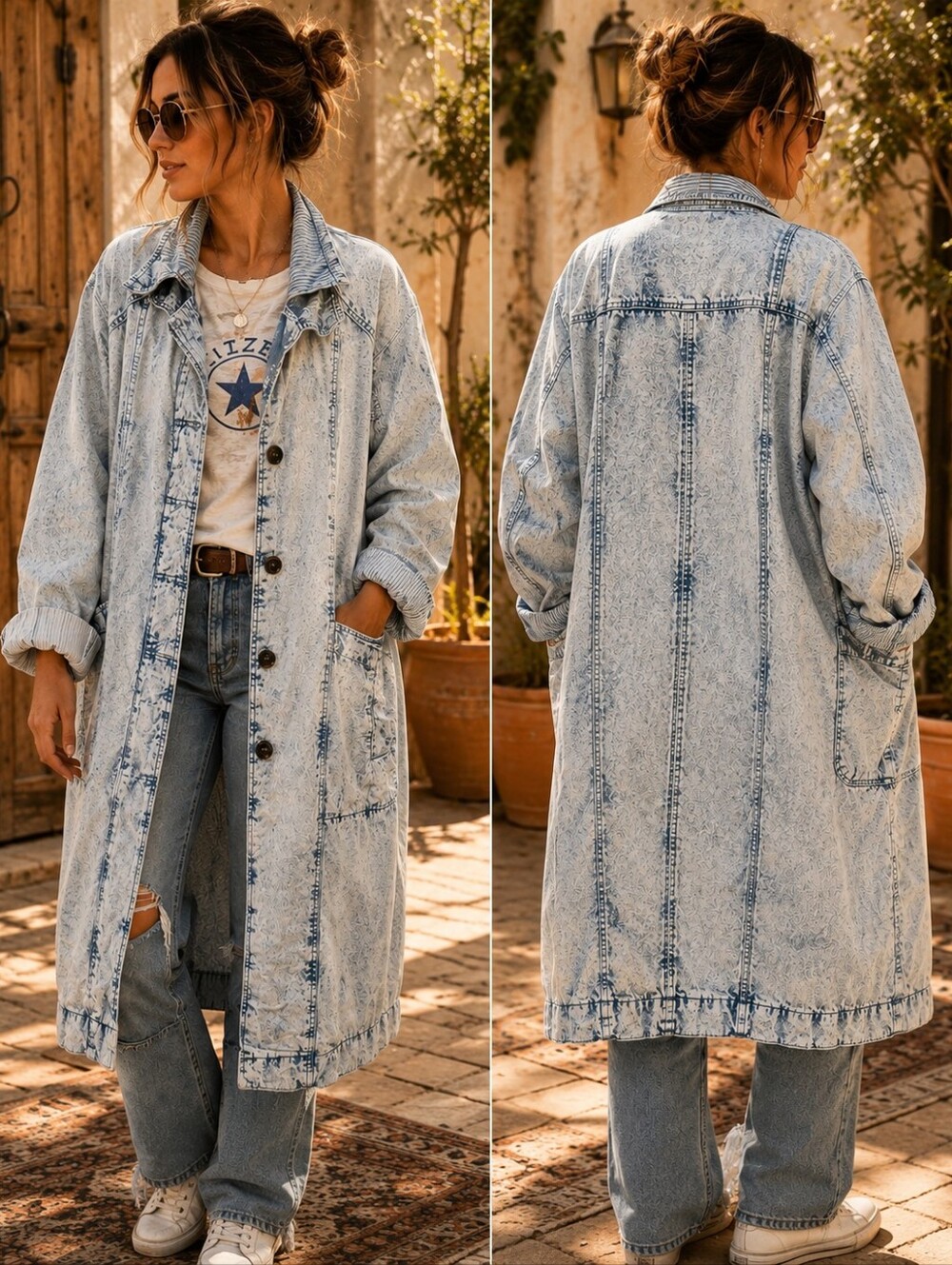 Vintage IZZI Oversized Acid Wash Long Denim Duster Jacket Blue